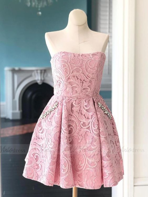Pink Homecoming Dress 2023 Short Strapless Lace with Pockets  DCdress