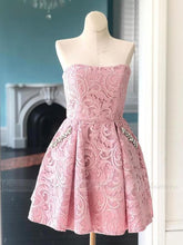 Load image into Gallery viewer, Pink Homecoming Dress 2023 Short Strapless Lace with Pockets
