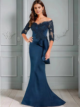 Load image into Gallery viewer, Mermaid Mother of the Bride Dresses Lace Appliques Wedding Guest Dress Off Shoulder Satin Formal Dress 3/4 Sleeves
