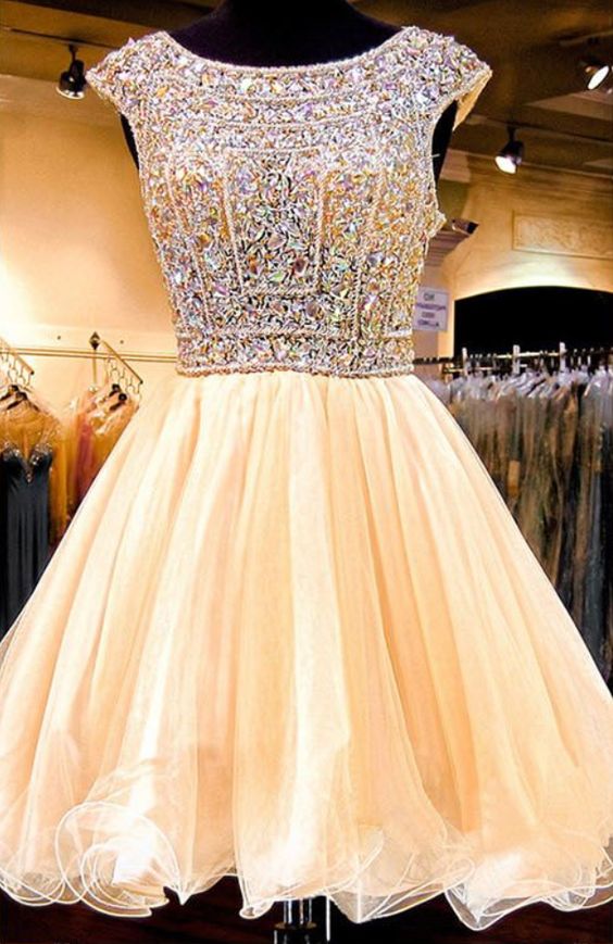 Champagne Homecoming Dress 2023 Short Boat Neck Sleeveless Tulle