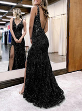 Load image into Gallery viewer, Mermaid V Neck Sequined Lace Prom Dress with Slit
