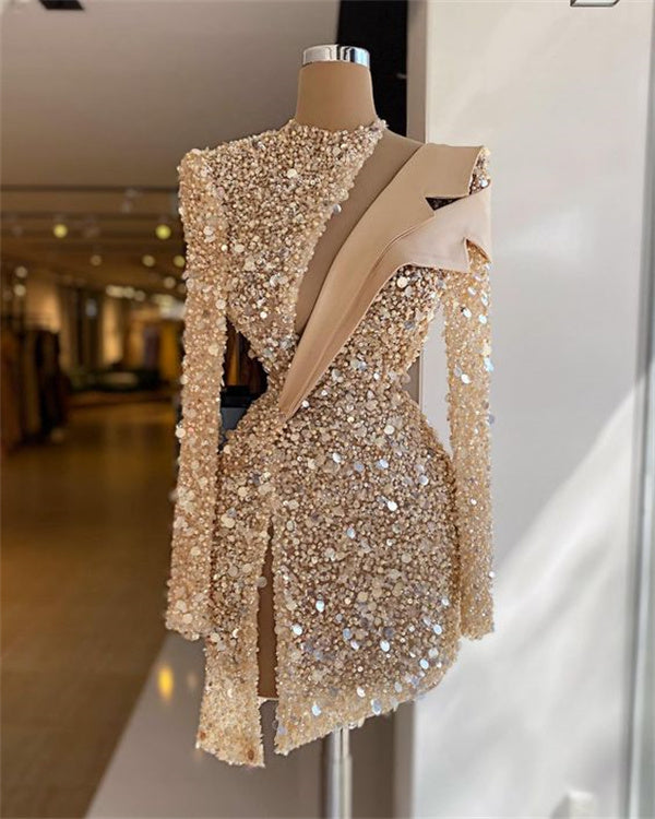 Champagne Homecoming Dress 2023 Short Tight Long Sleeveless Sequin