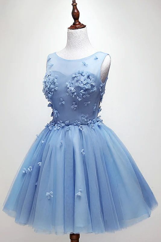 Blue Homecoming Dress 2023 Short Illusion Neck Sleeveless Tulle