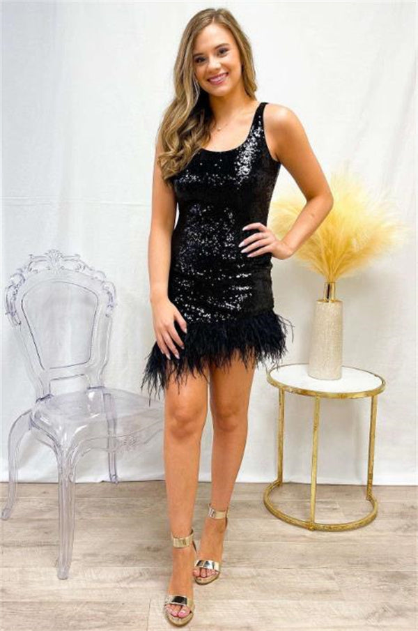 Black Homecoming Dress 2023 Short Jewel Neck Sleeveless Sequin with Feathers