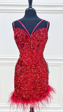 Load image into Gallery viewer, Burgundy Homecoming Dress 2023 Short Spaghetti Straps Sequin with Feathers
