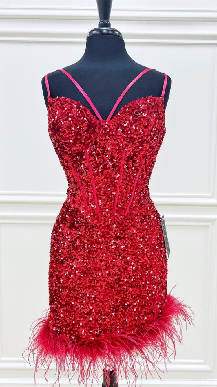 Burgundy Homecoming Dress 2023 Short Spaghetti Straps Sequin with Feathers