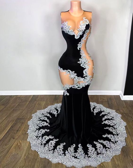 Velvet Black Girl Prom Dress 2024 Sexy Sleeveless Lace Appliques