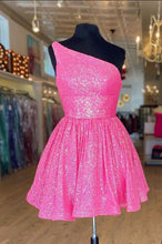 Load image into Gallery viewer, Hot Pink Homecoming Dress 2023 Short One-shoulder Sequin
