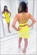 Load image into Gallery viewer, Yellow Homecoming Dress 2023 Short V Neck Sleeveless Sequin
