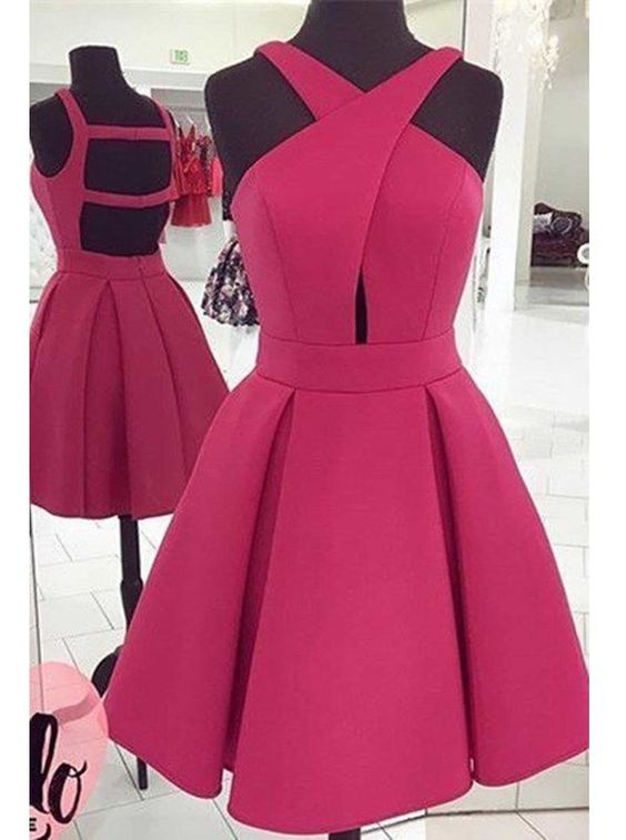 Fuchsia Homecoming Dress 2023 Short Halter Neck Satin