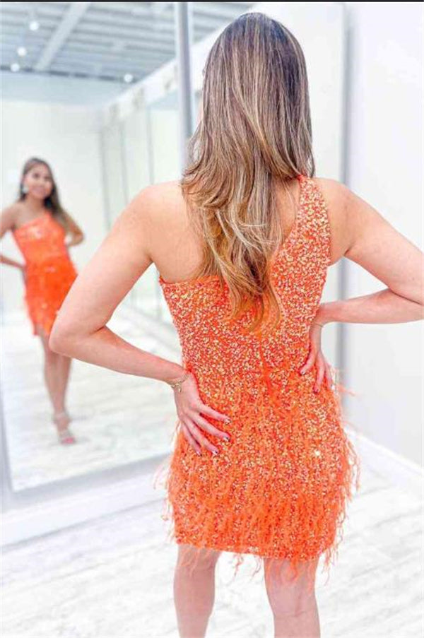 Orange Homecoming Dress 2023 Short One-shoulder Sequin with Feathers   DCdress