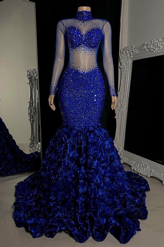 Royal Blue Black Girl Prom Dress 2024 High Neck Beaded with Sleeves