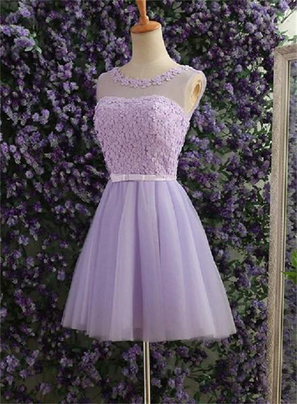 Lilac Homecoming Dress 2023 Short Illusion Neck Sleeveless Tulle