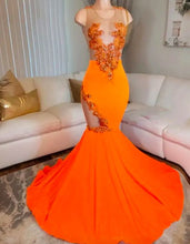 Load image into Gallery viewer, Orange Black Girl Prom Dress 2024 Plunging Neck Beaded Mermaid
