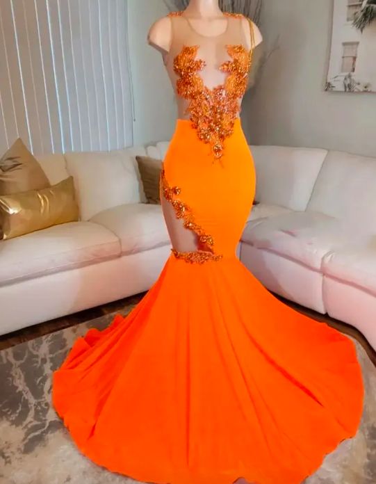 Orange Black Girl Prom Dress 2024 Plunging Neck Beaded Mermaid