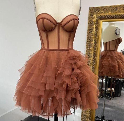 Brown Homecoming Dress 2023 Short Strapless Tulle