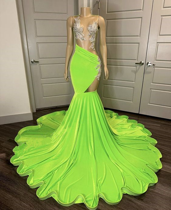 Green Black Girl Prom Dress 2024 Plunging Neck Beaded Satin