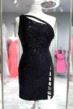 Load image into Gallery viewer, Black Homecoming Dress 2023 Short One-shoulder Sequin with Slit
