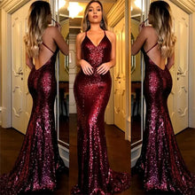 Load image into Gallery viewer, Sequin Backless Mermaid  Burgundy Evening Dress
