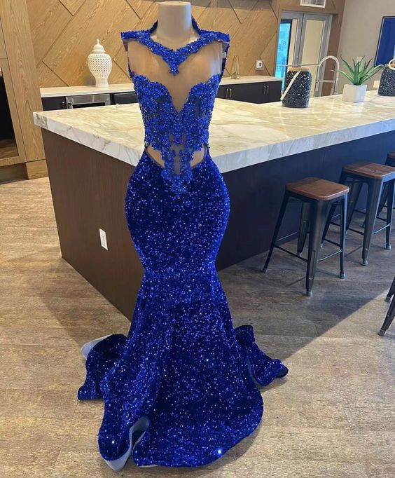 Royal Blue Black Girl Prom Dress 2024 Sequin Sleeveless Mermaid