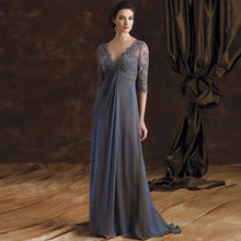 Load image into Gallery viewer, Grey Mother of the Bride Dresses Sequin Lace Appliques Wedding Guest Dress V Neck Chiffon A Line Formal Dress 3/4 Sleeves
