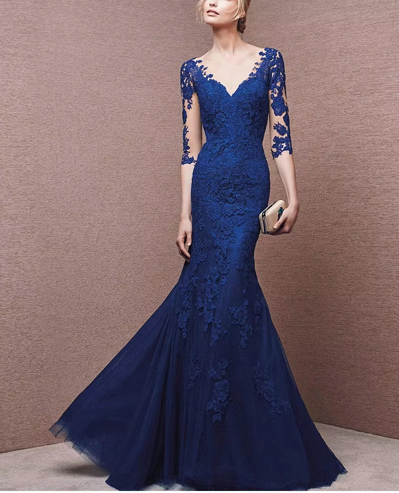 Mermaid Mother of the Bride Dresses Lace Appliques Wedding Guest Dress V Neck Tulle Formal Dress 3/4 Sleeves