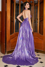 Load image into Gallery viewer, Purple Halter Pleated Beaded Metallic Glitter Long Prom Dress with Slit
