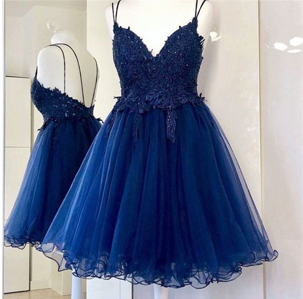 Royal Blue Homecoming Dress 2023 Short Spaghetti Straps Tulle with Appliques