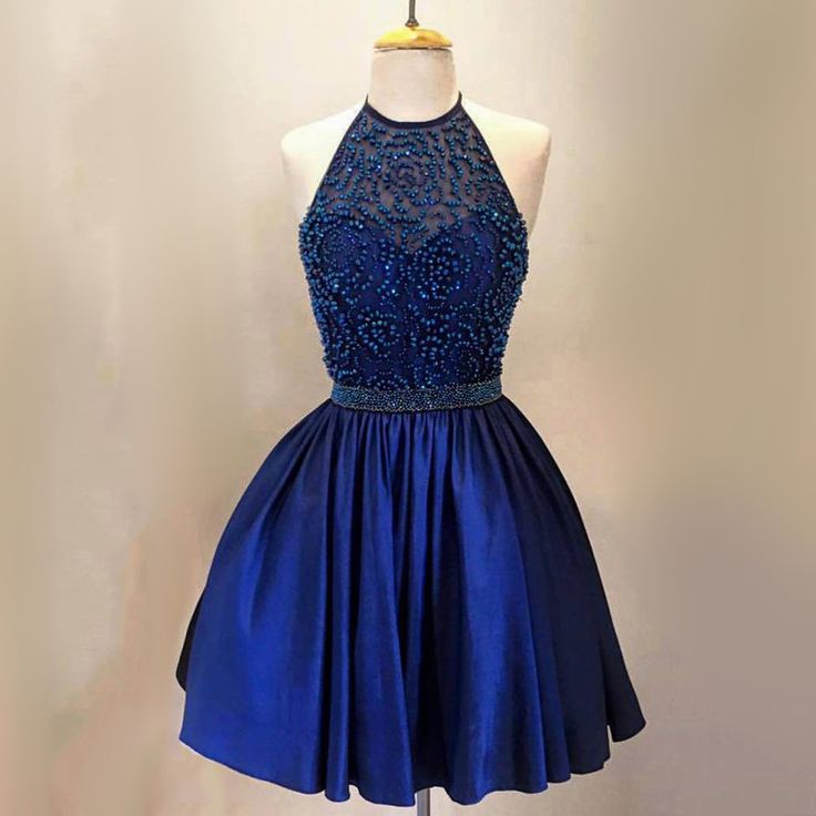 Royal Blue Homecoming Dress 2023 Short Beaded Halter Neck Satin