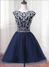 Load image into Gallery viewer, Dark Blue Homecoming Dress 2023 Short Beaded Sleeveless Tulle
