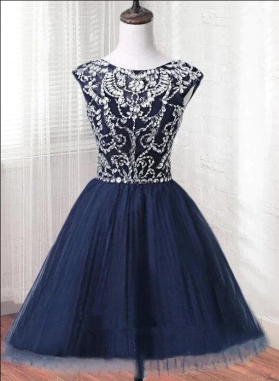 Dark Blue Homecoming Dress 2023 Short Beaded Sleeveless Tulle