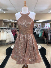Load image into Gallery viewer, Gold Homecoming Dress 2023 Short Halter Neck Sequin Sparkly
