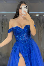 Load image into Gallery viewer, Off Shoulder Sequins Appliques A-Line Tulle Prom Dress with Slit and Train
