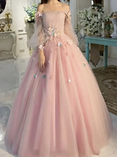 Load image into Gallery viewer, Ball Gown Off-the-Shoulder Long Sleeves Floor-Length Tulle Prom Dresses
