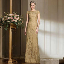 Load image into Gallery viewer, Gold Mother of the Bride Dresses Lace Mermaid Wedding Guest Dress Long Evening Dress Short Sleeves
