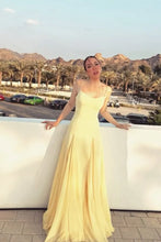 Load image into Gallery viewer, Spaghetti-Straps Light Yellow Chiffon Stitching Semi-formal A Line Prom Dress

