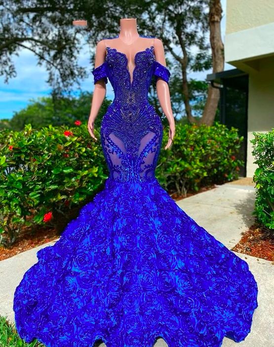 Royal Blue Black Girl Prom Dress 2024 Off the Shoulder Beaded – DCdress