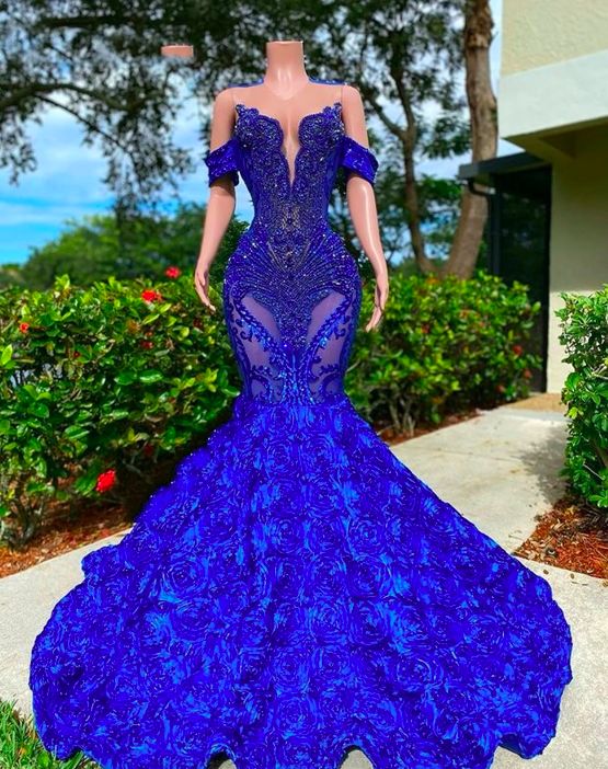 Royal Blue Black Girl Prom Dress 2024 Off the Shoulder Beaded