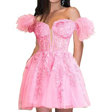 Load image into Gallery viewer, Fairy Homecoming Dress 2023 Short Off the Shoulder Tulle with Appliques Feathers
