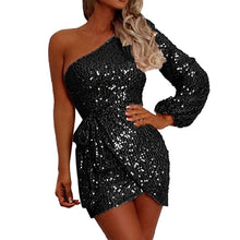 Load image into Gallery viewer, Sparkly Homecoming Dress 2023 Short One-shoulder Long Sleeve Sequin Split
