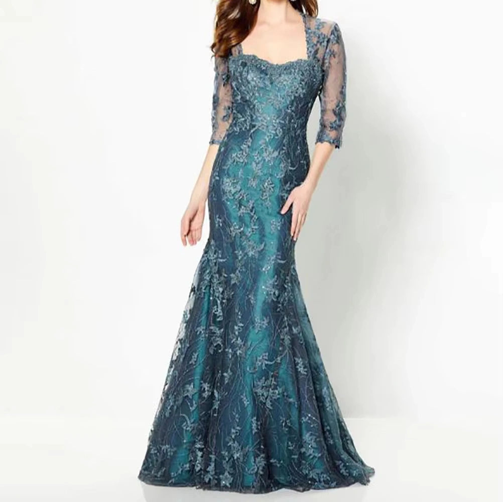 Mermaid Mother of the Bride Dresses Lace Tulle Wedding Guest Dress Square Collar Long Formal Dress 3/4 Sleeves