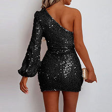 Load image into Gallery viewer, Sparkly Homecoming Dress 2023 Short One-shoulder Long Sleeve Sequin Split
