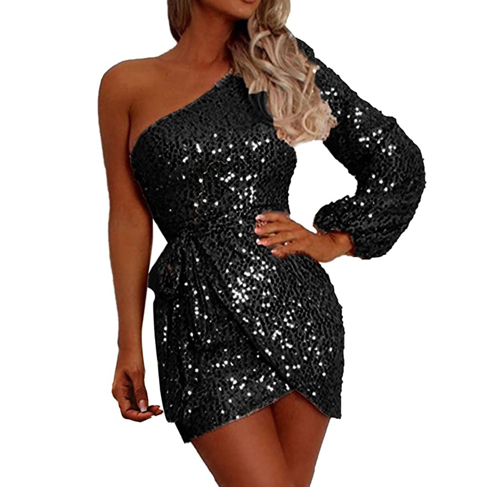 Sparkly Homecoming Dress 2023 Short One-shoulder Long Sleeve Sequin Split