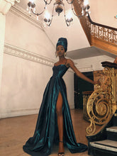 Load image into Gallery viewer, Dark Green Satin Prom Dress - Spaghetti Strap A-Line Evening Gown
