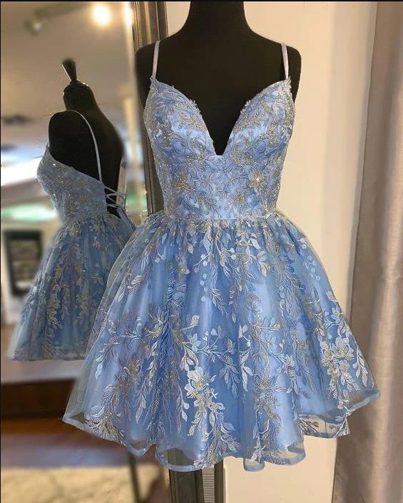 Blue Homecoming Dress 2023 Short Spaghetti Straps Tulle with Appliques