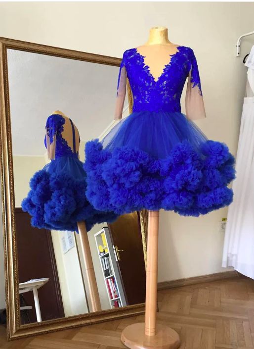Royal Blue Homecoming Dress 2023 Short V Neck Tulle with Sleeves Puffy