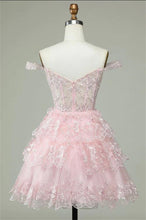 Load image into Gallery viewer, Pink Homecoming Dress 2023 Short Off the Shoulder Tulle with Lace Appliques

