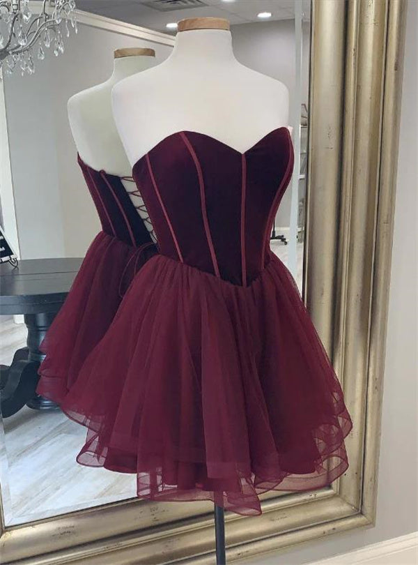 Burgundy Homecoming Dress 2023 Short Strapless Tulle Corset Back