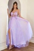Load image into Gallery viewer, Sparkly Purple Spaghetti Straps Beading A Line Tulle Prom Dress with Slit
