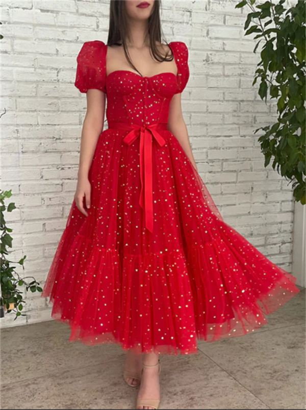 Red Homecoming Dress 2023 Square Neck Tulle Sparkly with Sleeves – DCdress